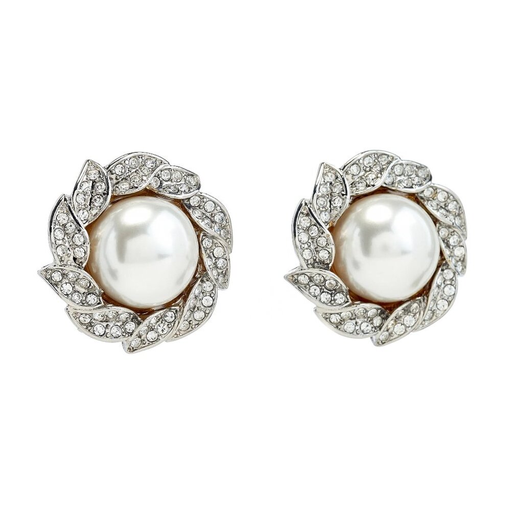 Kenneth Jay Lane, Rhinestone and Pearl Ball Clip-On Earrings - Picture 1 of 4